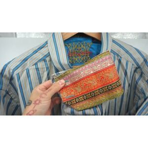 Robert Graham Mens XL Button Up Shirt Striped Blue Tan Flip Cuffs Floral
